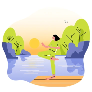 A person in a green yoga outfit performing a tree pose on a wooden dock beside a lake. The scene is illuminated by the warm light of the rising sun, which casts a golden glow across the water. The lake is surrounded by lush green trees and rocky cliffs. Gentle ripples form on the surface of the lake, reflecting the vibrant colors of the sky. A pair of birds can be seen flying in the distance.