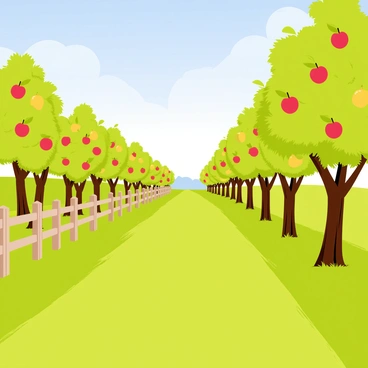 An orchard filled with vibrant green grass beneath a bright blue sky. Rows of fruit trees stretch across the landscape, with some trees heavy with bright red apples, while others are adorned with yellow-green pears. The apple trees have thick brown trunks and lush green leaves, while the pear trees are slightly taller with a different leaf shape. Sunlight filters through the branches, creating dappled shadows on the ground. A wooden fence surrounds part of the orchard, adding to the rustic charm of the scene.