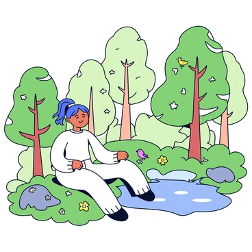 A person sitting cross-legged on a soft patch of moss in a forest. The individual has long hair pulled back and wears a simple white tunic. Surrounding them are tall, green trees with sunlight filtering through the leaves, creating dappled shadows on the ground. Small flowers with bright colors peek through the underbrush. Nearby, a gentle stream flows quietly, and a few birds can be seen perched on branches, adding to the tranquil atmosphere. The person has their eyes closed, with a peaceful expression, seemingly in tune with the natural sounds around them.