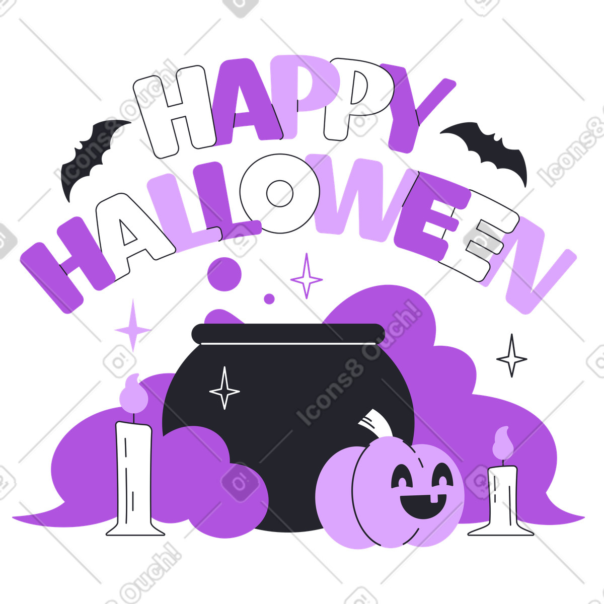 Lettering Happy Halloween over brewing potion in cauldron, Witch party invitation illustration Grapy style download PNG, SVG
