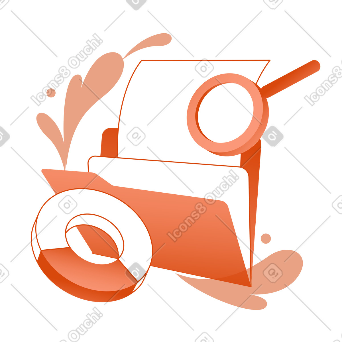 Magnifying glass with files folder, search in documents, data storage illustration Orange style download PNG, SVG