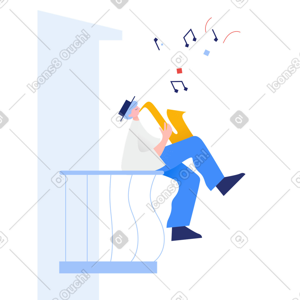 Man plays the saxophone on balcony illustration in Clip style download in PNG, SVG
