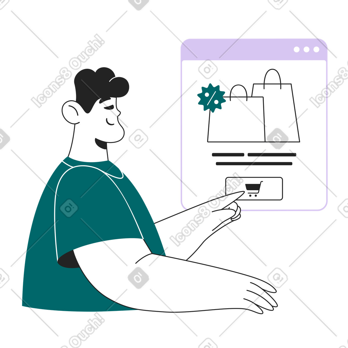 Sammy Line スタイルの Customer buying discounted products on digital platform, bargain shopping in online store のイラストをPNG、SVG形式でダウンロード
