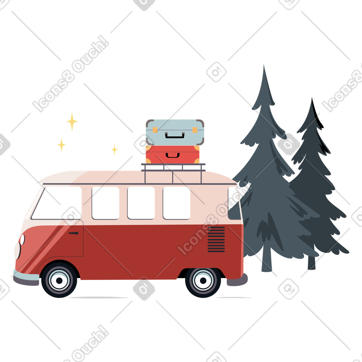 Traveling in a minivan with suitcases on the roof illustration in PNG, SVG