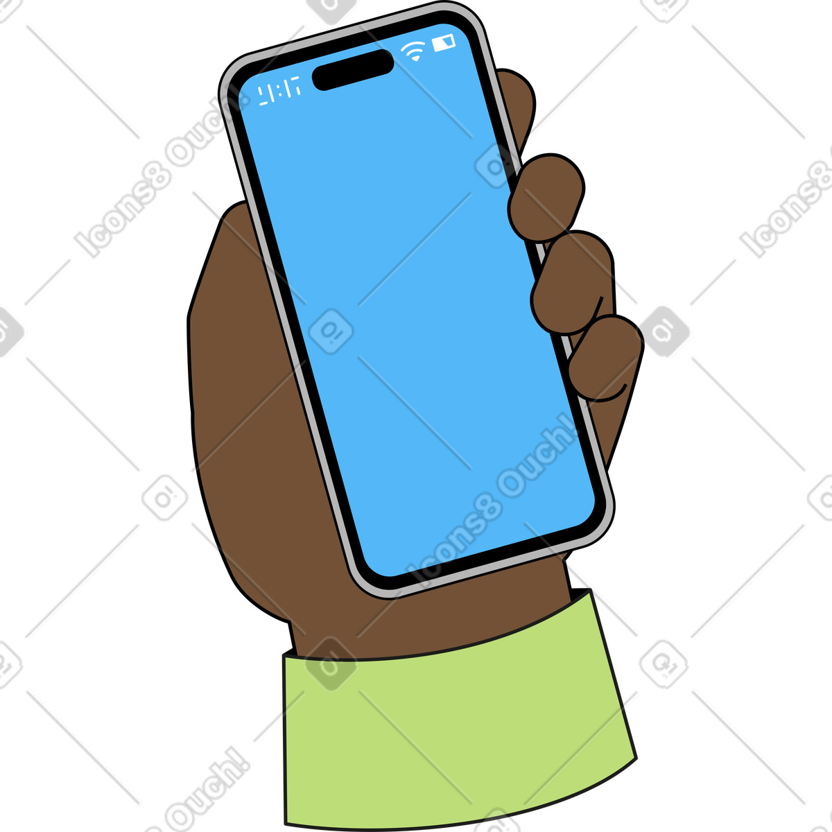 Hand holding a phone illustration in Kindy style download in PNG, SVG