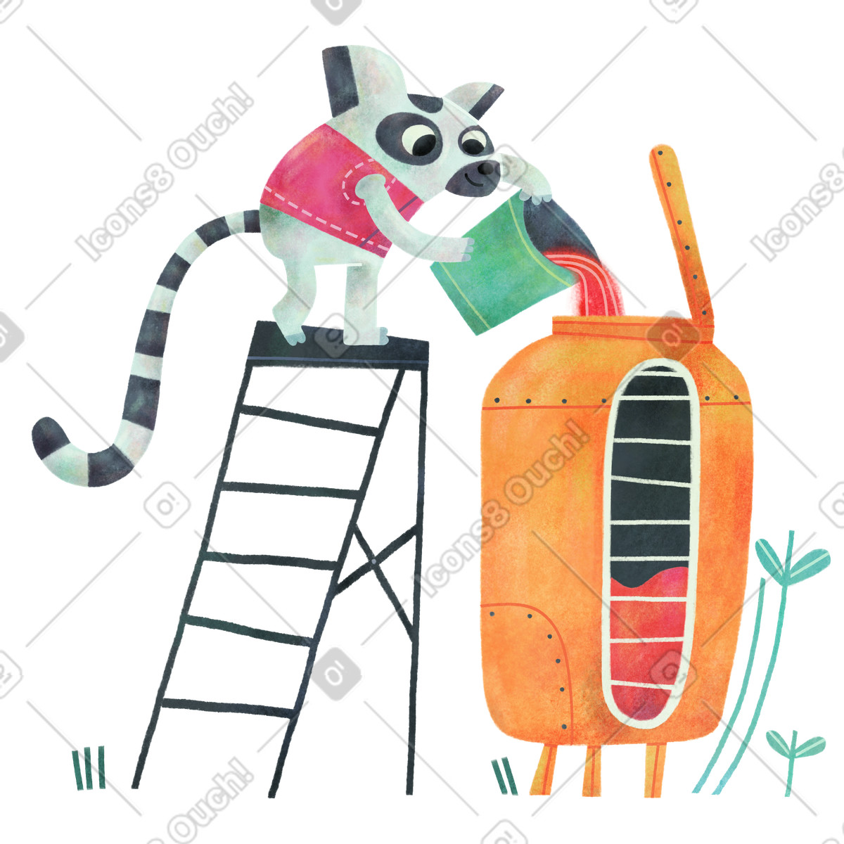 Ilustração de Guaxinim derramando líquido em um tanque durante o upload no estilo Jungle para baixar PNG, SVG