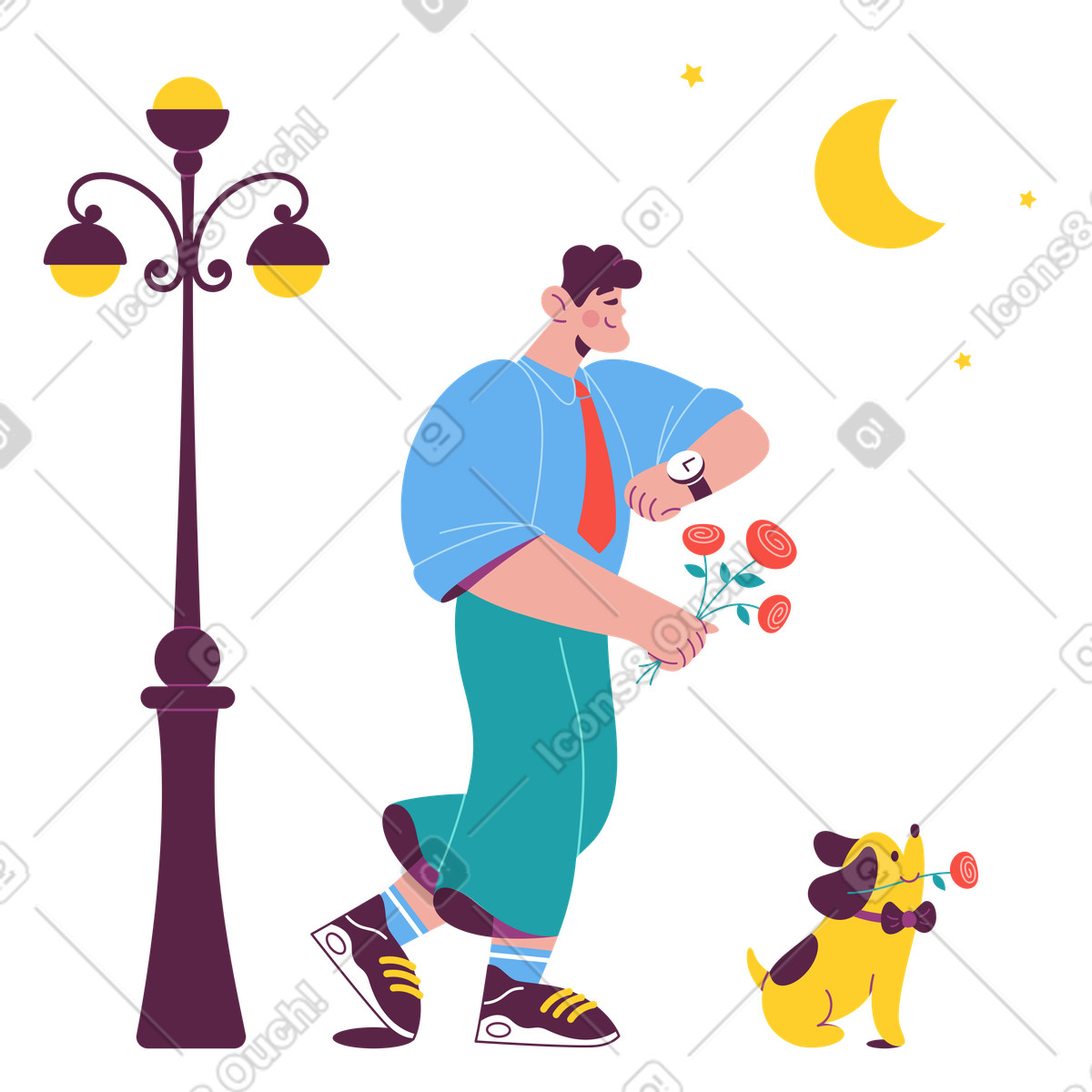 Man with flowers waiting for a girlfriend on a date illustration in PNG, SVG