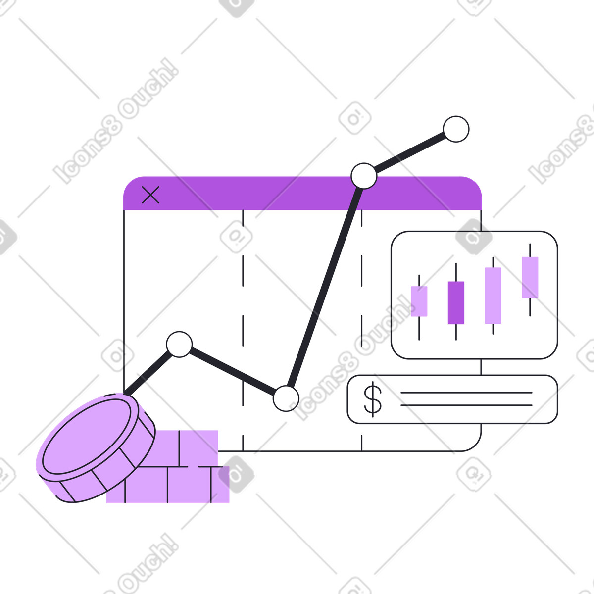 Ilustração de Janelas do navegador com gráficos financeiros e pilha moedas em no estilo Grapy para baixar em PNG, SVG