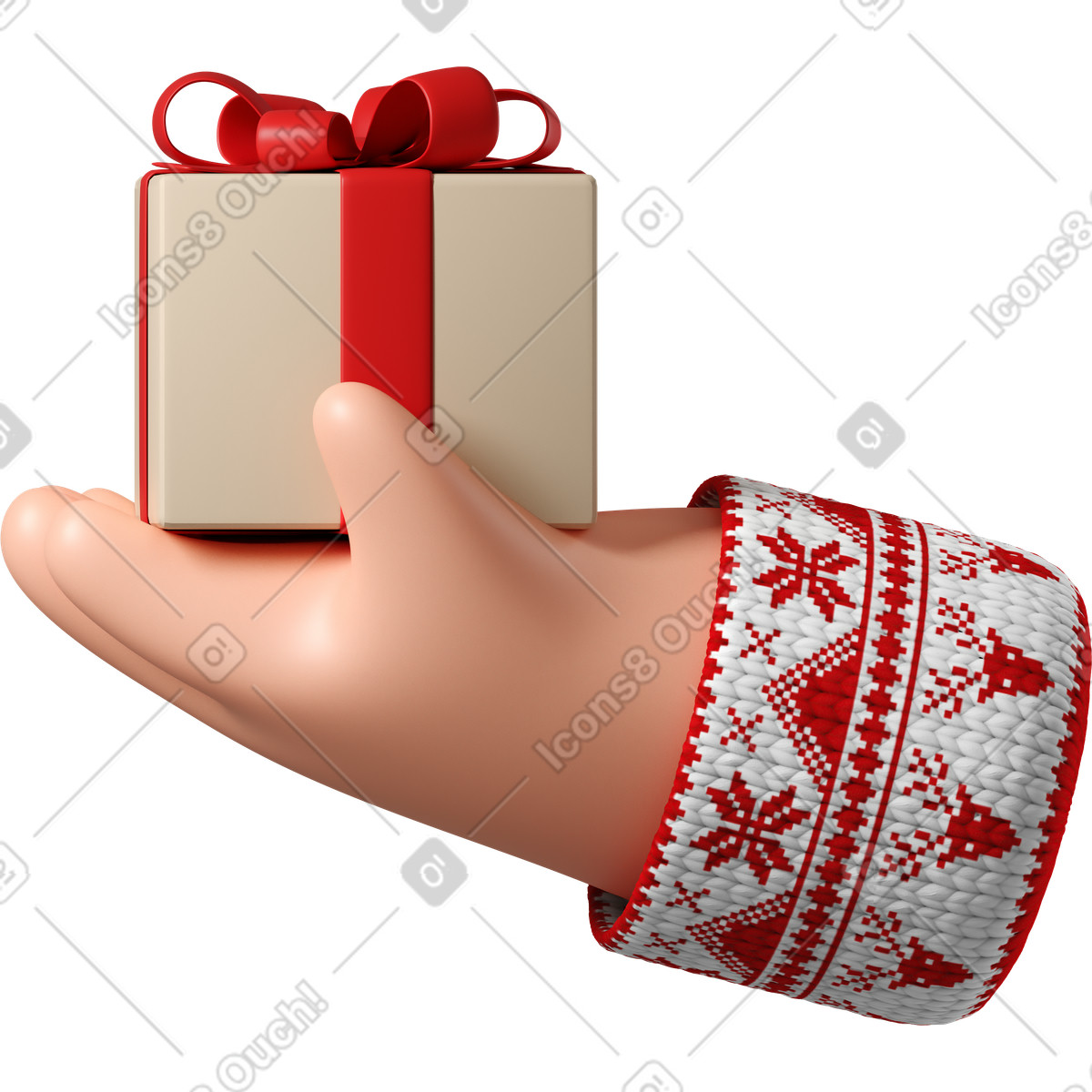 3D Hands Fun&Wild スタイルの ギフト用の箱を持ったクリスマス柄の白いセーターを着た白い肌の手 のイラストをPNG、SVG形式でダウンロード