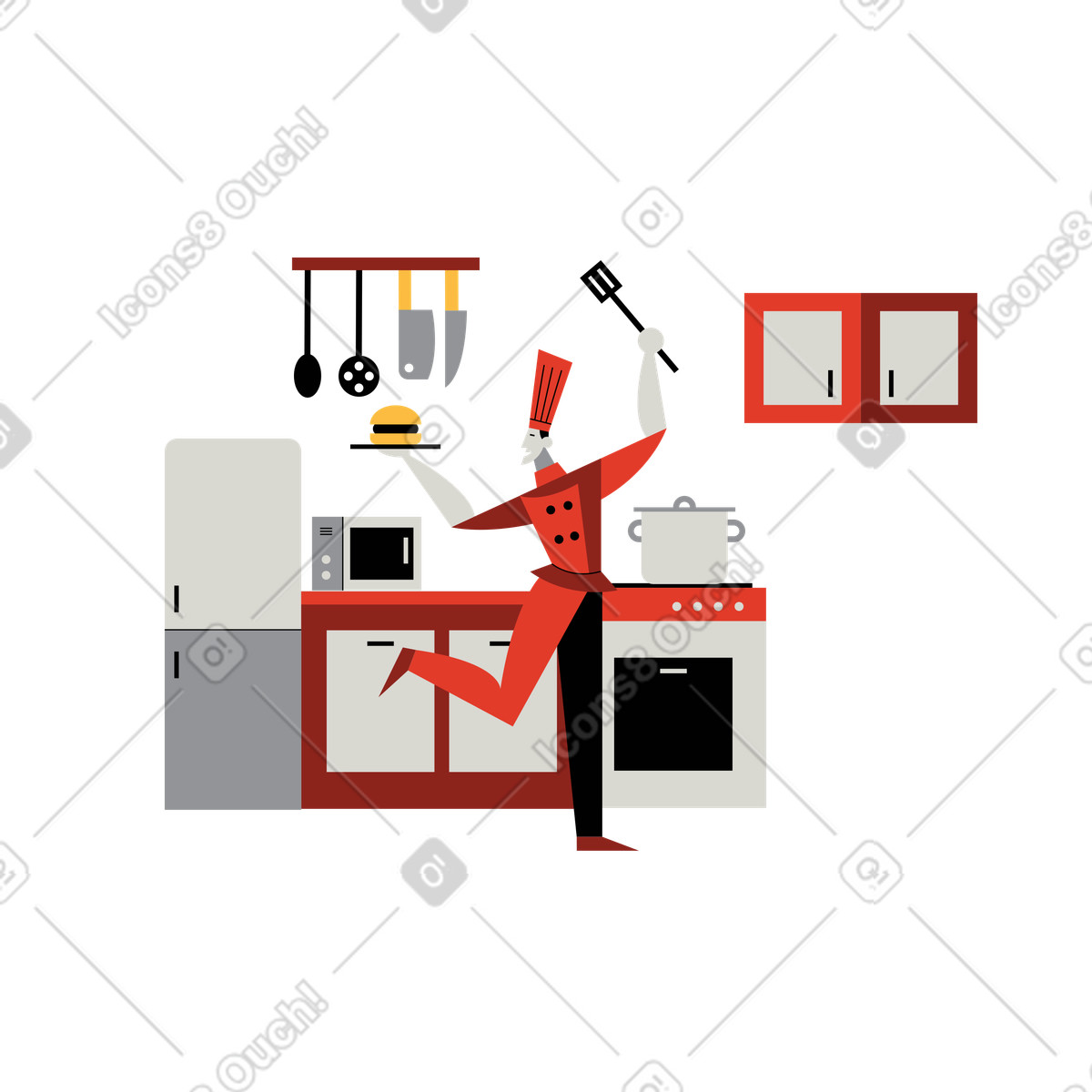 Illustration Homme cuisinant un burger dans la cuisine le style Burgundy à télécharger aux formats PNG, SVG