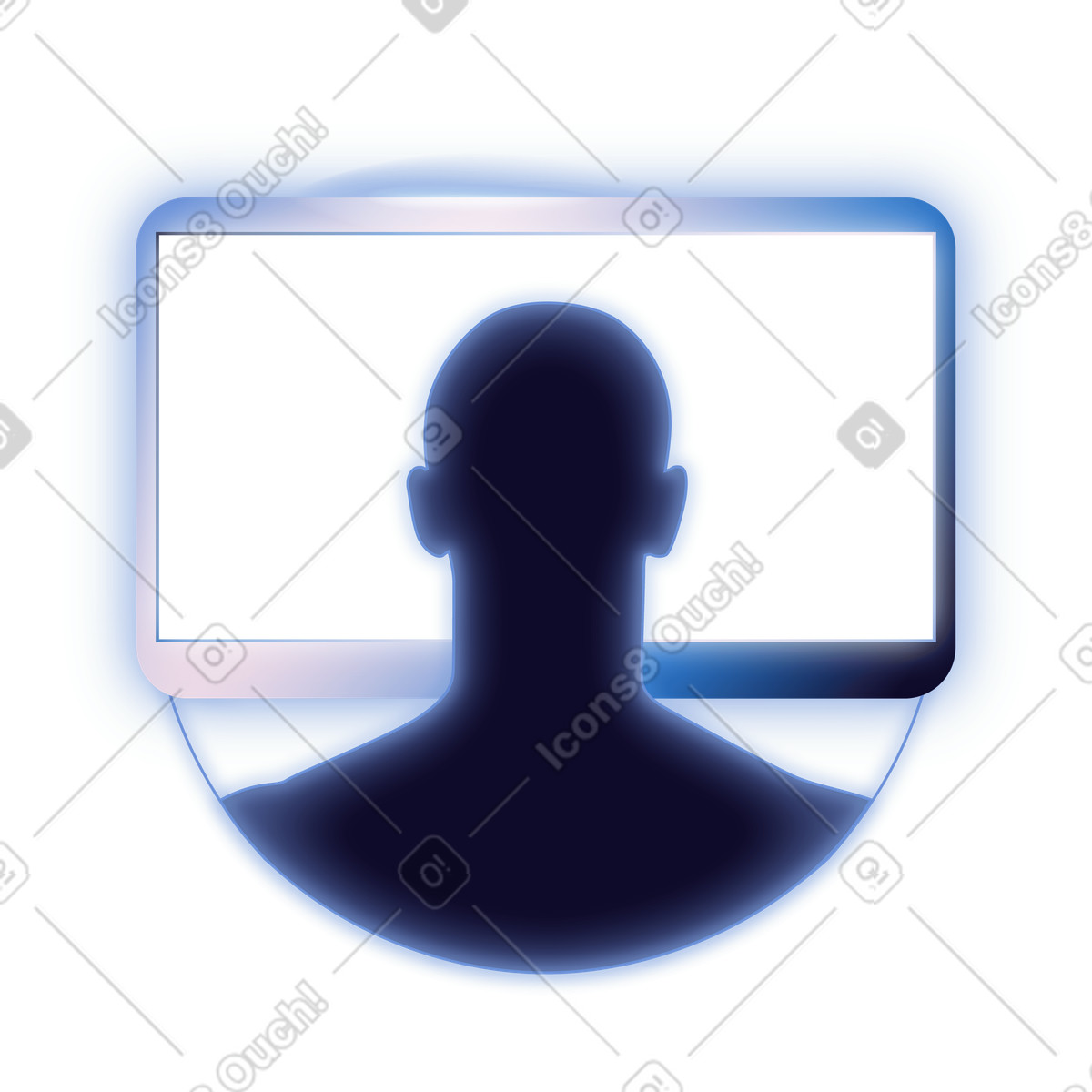 Silhouette in front of glowing monitor, Online work and digital workspace illustration Dimension style download PNG, SVG