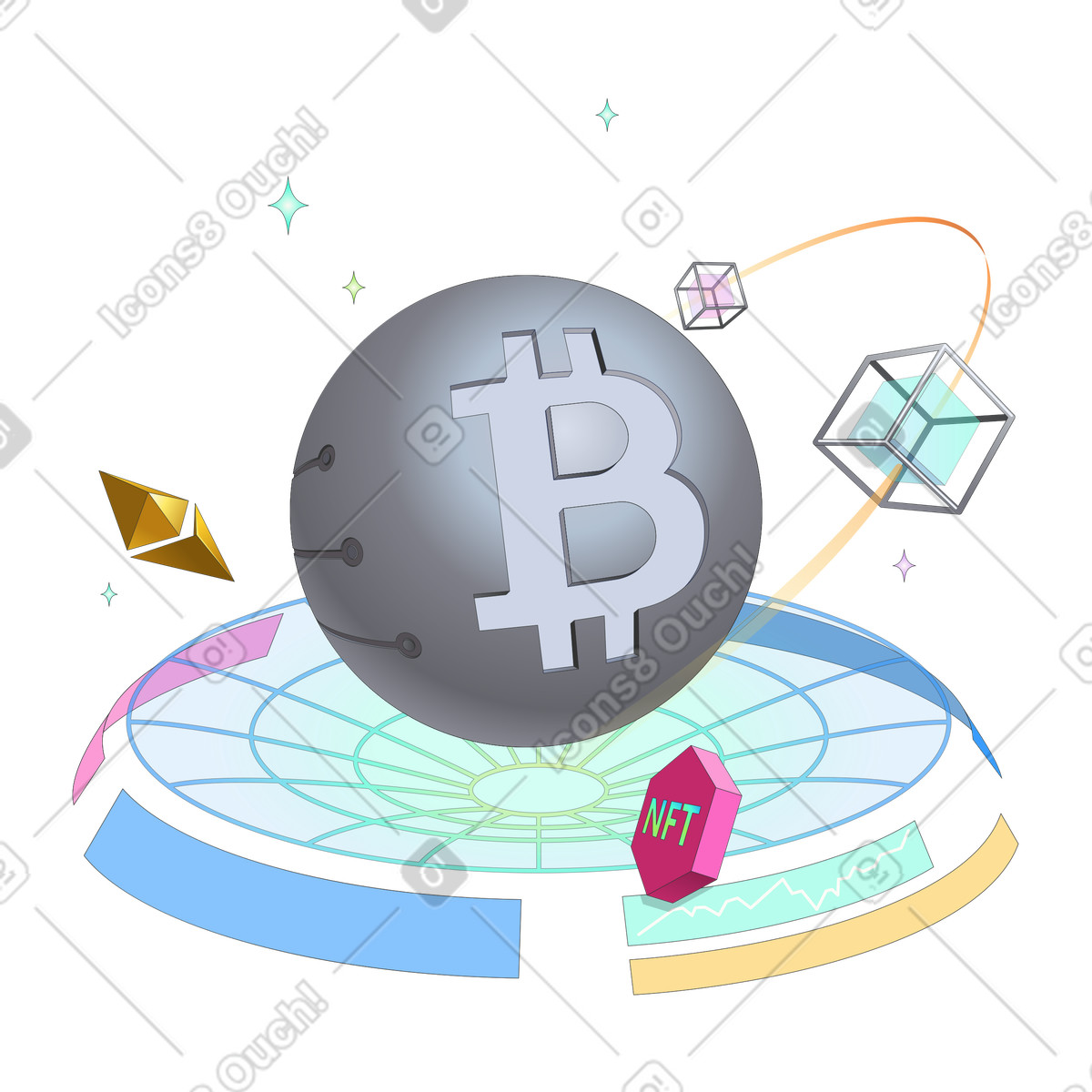 Bitcoin and other cryptocurrencies in blockchain, Crypto trading or digital asset ecosystem illustration in PNG, SVG
