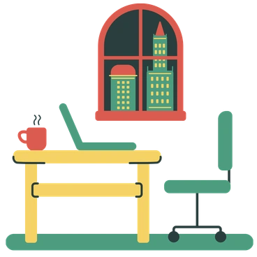 A desk with a laptop and a chair - Macaroni style illustration