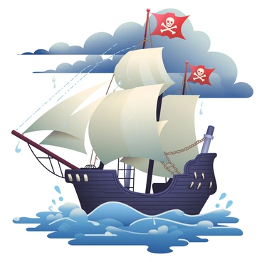 A pirate ship with a dark wooden hull and intricate carvings is prominently displayed, featuring large mechanical sails that are unfurled and actively adjusting to the wind. The sails are made of shiny metallic fabric, glimmering under flashes of lightning. Several cannon barrels protrude from the sides of the ship, aiming outward, ready for battle. The sea is turbulent with tall, crashing waves, and dark storm clouds are gathering overhead, casting a dramatic shadow over the scene. Raindrops splash against the ship's deck, and the ship's flag, featuring a skull and crossbones, flaps fiercely in the wind.