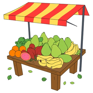A colorful market stall filled with an array of fresh tropical fruits. The stall is overflowing with ripe guavas in shades of green and yellow, some with a soft blush of pink on their skin. Next to the guavas, there are bright oranges and deep red dragon fruits, alongside clusters of yellow bananas and bunches of small green limes. The background features a vibrant striped awning providing shade over the stall. The wooden table is rustic and slightly weathered, adding to the market's charm. A few leaves are scattered around, enhancing the fresh, natural feel of the scene.