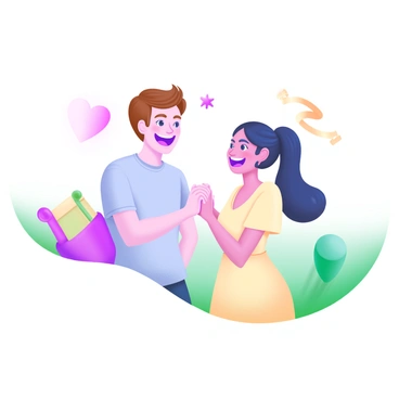 Two friends are standing side by side, each with wide smiles on their faces. They are engaged in a pinky promise, with their pinky fingers interlocked. The first friend has short brown hair and is wearing a light blue t-shirt, while the second friend has long black hair tied in a ponytail and is dressed in a pastel yellow dress. Surrounding them are soft, colorful shapes that evoke a cheerful atmosphere, enhancing the joyful moment they are sharing. The background features a light pastel gradient, adding to the overall warmth of the scene.