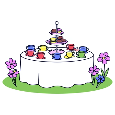 A garden tea party setup with a white tablecloth draped over a round table. The table is adorned with an array of colorful teacups, each featuring unique designs in shades of red, blue, yellow, and green. In the center of the table, there is a tiered stand filled with an assortment of pastries, including delicate macarons, chocolate eclairs, and fruit tarts. Surrounding the table are vibrant flowers in various hues, adding to the whimsical atmosphere. Soft green grass covers the ground, providing a natural base for this charming setting.