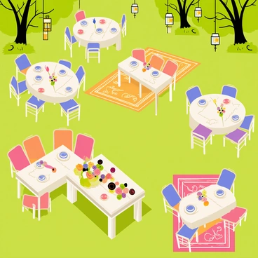 An outdoor event set in a lush green garden. The scene features several elegantly arranged seating areas with vibrant, intricately patterned rugs spread across the grass. Each rug is adorned with colorful cushions in complementary hues. There are decorative lanterns hanging from nearby trees, illuminating the area with a warm glow. Tables are set with fine tableware and floral centerpieces, adding to the overall elegance of the setting.