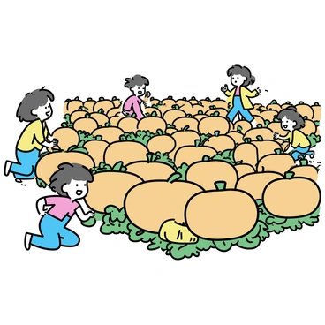 A sprawling giant pumpkin patch, filled with numerous large, round pumpkins in various shades of orange. Several children are scattered throughout the patch, some laughing as they run between the rows of pumpkins. One child, wearing a red shirt and blue overalls, is kneeling down to pick up a pumpkin. Another child, dressed in a yellow raincoat, is holding a small pumpkin and smiling brightly. Sunlight casts soft shadows across the vibrant green leaves surrounding the pumpkins.