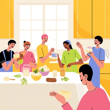 A cozy kitchen filled with warm wooden cabinets and a large farmhouse table surrounded by a group of people. Each person is engaged in the process of making butter, some shaking jars filled with cream while others are measuring ingredients. There are bowls of fresh herbs and spices on the table, along with a large whisk and a wooden butter mold. Sunlight filters through the window, casting a soft glow over the scene, creating a welcoming atmosphere for the cooking class.