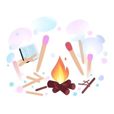 A group of matchsticks is gathered around a small campfire, their wooden bodies slightly bent and varying in height. One matchstick is holding a tiny book, which is open, revealing miniature pages. The flames of the campfire flicker gently, casting a warm glow on the matchsticks. The surroundings are filled with soft, gradient pastel colors, creating a cozy atmosphere. A few scattered matchsticks sit nearby, while a couple of twigs are arranged as logs, enhancing the campfire setting.