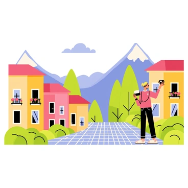 A tourist with a camera is capturing photos of the beautiful architecture around Lake Como. The scene features colorful buildings with terracotta roofs and flower-filled balconies. The tourist is standing on a cobblestone pathway lined with lush greenery, with the sparkling blue lake visible in the background. Mountains rise majestically in the distance, completing the picturesque setting. The sky is clear with a few fluffy clouds.