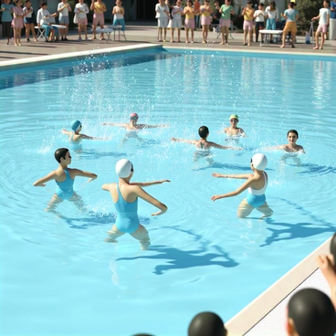 A group of synchronized swimmers, wearing bright blue and silver swimsuits, are performing an intricate routine in a sparkling outdoor pool. The swimmers are aligned in perfect formation, their arms and legs moving in unison as they create elegant patterns in the water. Bubbles rise around them, capturing sunlight as they glisten. Spectators, watching from the poolside, are captivated by the precision and grace of the performance, with some clapping and others taking photos. The scene is filled with energy, showcasing the swimmers’ athleticism and teamwork.