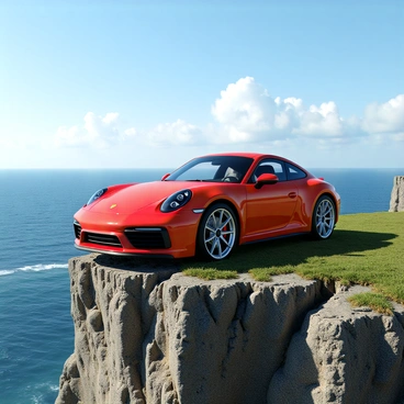 A red Porsche 911 with a sleek, aerodynamic design is parked at the edge of a cliff. The car is positioned at a slight angle, showcasing its distinctive curves and shiny alloy wheels. The cliff has rugged, rocky surfaces with patches of green grass peeking through. Below, the sea stretches far into the horizon, displaying deep blue waters with gentle waves lapping against the rocks. The sky above is a clear blue, with a few fluffy white clouds scattered. The sunlight reflects off the car's glossy surface, highlighting its vibrant color.