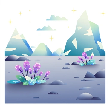 A vast lunar landscape is spread out under a starry sky. The surface is covered with grey dust and scattered rocks, creating a rugged terrain. In the foreground, several alien plants with vibrant purple leaves and unusual shapes are growing, each adorned with shimmering bioluminescent patterns. These plants emit a soft glow that contrasts beautifully against the dark lunar surface. In the background, large mineral formations are rising from the ground, their surfaces glistening with hues of blue and green, reflecting the starlight. Some of these formations are crystalline, while others are smooth and rounded, creating an otherworldly scene. The overall atmosphere is tranquil yet mysterious, inviting exploration.