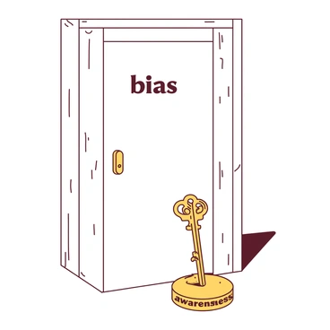 A white door labeled "bias" stands firmly in an empty space, with a brass doorknob glinting softly under the light. The door is detailed with subtle wood grain texture, adding depth to its surface. Next to the door, a golden key labeled "awareness" rests on a small, round pedestal. The key has an ornate design, with intricate patterns etched into its surface, catching the eye. The scene creates a clear sense of anticipation as the key is poised above the doorknob, ready to unlock the door.