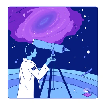 A blue scientist with short black hair is gazing through a silver telescope mounted on a sturdy black tripod. The telescope is pointed towards a vibrant purple nebula that fills the background, displaying swirling clouds of color. Stars twinkle in the dark space surrounding the nebula, and the scientist wears a white lab coat with a name badge on the left side. The setting is a nighttime observation deck with a few scattered scientific instruments and a large open sky above.