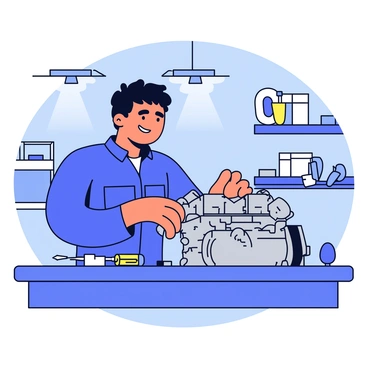 A close-up view of a mechanic wearing a dark blue jumpsuit, focused on adjusting an automotive engine. The mechanic has short black hair and wears protective gloves. The engine is a shiny silver with various pipes and wires. Tools are scattered on a nearby workbench, including wrenches and screwdrivers. The garage is well-lit with overhead lights illuminating the workspace, and there are shelves lined with spare parts in the background.