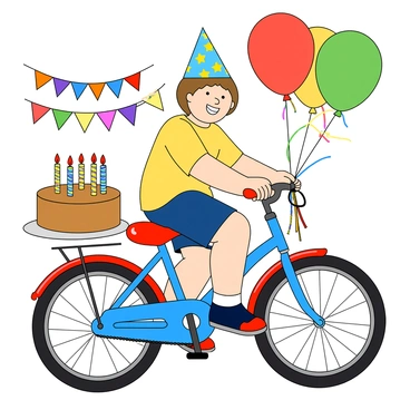 A cheerful child with light brown hair and a big smile is standing next to a colorful bicycle adorned with vibrant balloons of various colors. The bicycle has a bright blue frame with a shiny red seat, and streamers hang from the handlebars. The child is wearing a party hat decorated with stars and a joyful party outfit consisting of a yellow t-shirt and blue shorts. Surrounding the child are decorations for a birthday party, including a large cake with candles on a nearby table and colorful banners hanging in the background. The atmosphere is lively, filled with the excitement of the celebration.