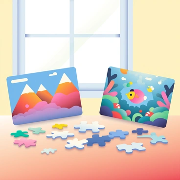 Two incomplete jigsaw puzzles are displayed side by side on a wooden table. The first puzzle features vibrant colors depicting a scenic landscape with mountains and a blue sky, but it is missing a crucial centerpiece piece that completes the image. The second puzzle shows a whimsical underwater scene filled with colorful fish and coral, also missing its key piece at the center. Surrounding the puzzles are scattered puzzle pieces in various colors, with some pieces flipped over, revealing their plain white backs. A soft light from a window casts gentle shadows across the table, highlighting the unfinished nature of the puzzles.