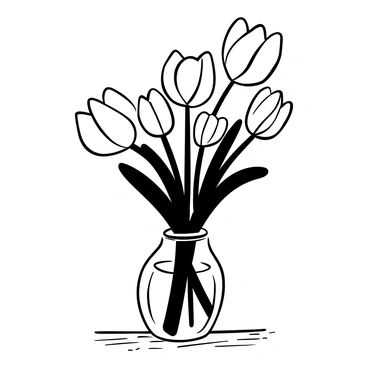 A detailed bouquet of tulips arranged in a glass vase placed on a wooden table. The vase is reflecting light beautifully, showcasing the stems of the tulips inside. The tulips are varying in height, with some leaning slightly to one side. The wooden table has a natural grain pattern, and there are small flecks of dust visible on its surface.