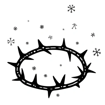 A "crown of thorns" resting on a flat surface, with intricate details of each thorn clearly visible. Delicate, "sparkling snowflakes" are scattered across the crown, creating a contrast with the rough texture of the thorns. The snowflakes vary in size and design, some resembling classic six-pointed shapes while others have more intricate patterns. The entire composition emphasizes the interplay between the harshness of the thorns and the softness of the snowflakes, giving a stark yet beautiful visual juxtaposition.