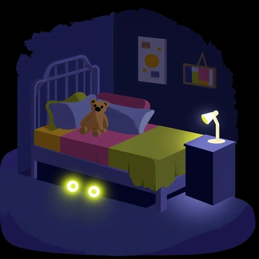 A child's bedroom with dim lighting, featuring a bed with colorful bedding. Beneath the bed, a pair of "glowing green eyes" are peeking out, casting an eerie light on the floor. The walls are adorned with "child-friendly posters" and there is a "small nightstand" beside the bed with a "lamp" that emits a soft glow. A "teddy bear" is placed at the head of the bed, adding a contrasting sense of innocence to the dark scene. Shadows loom in the corners, contributing to the mysterious atmosphere.