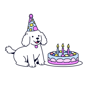A cheerful poodle wearing a party hat next to a birthday cake