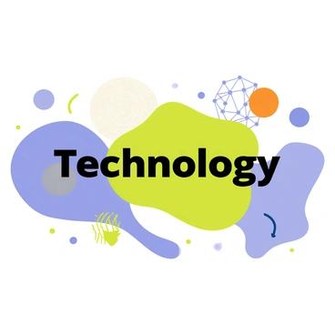 An illustration featuring a collection of abstract overlapping vector shapes in various colors, including blue, green, and orange. The shapes vary in size and opacity, creating a dynamic composition. Each shape has smooth, rounded edges, and some feature intricate patterns. The arrangement forms a visually engaging tapestry that embodies a technology theme, reflecting interconnectedness and innovation. "Technology" is prominently displayed in the center of the image, bold and modern in style.