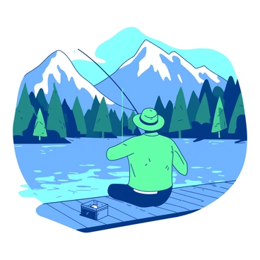 An angler wearing a green hat is sitting on a wooden dock by a blue lake, casting a fishing line into the water. The surface of the lake is calm and reflects the surrounding scenery. In the background, tall, rugged mountains rise against the sky, their peaks capped with white snow. Lush green trees line the shore, providing a natural frame for the tranquil scene. The angler holds a fishing rod with both hands, focused on the water, while a small tackle box sits beside him on the dock.