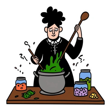 A light-skinned woman with wild, frizzy black hair is standing confidently in front of a large, bubbling cauldron. She has a determined expression on her face and is wearing a dark Victorian-style dress with intricate details. The cauldron is emitting green smoke and colorful bubbles rise from it. Surrounding her are various magical ingredients scattered on a wooden table, including jars of strange herbs and shimmering powders. The atmosphere is filled with a sense of magic and intrigue as she carefully stirs the potion with a long wooden spoon.