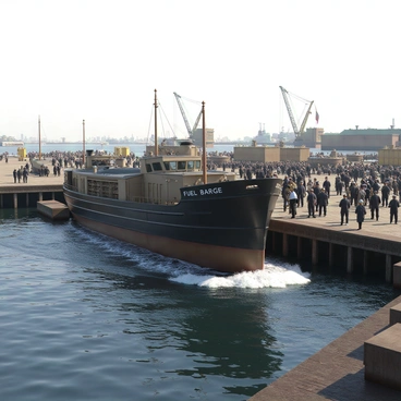 A historical scene depicting the launch of a brand new fuel barge in the early 1900s. The barge is large and constructed of dark, sturdy wood, with a sleek hull and a distinctive bow. In the background, a bustling shipyard is visible, filled with workers in period-appropriate attire, including flat caps and overalls. They are gathered around, some operating machinery while others observe the launch. The water is calm, and the barge is sliding down the ramp into the water, creating small waves. In the distance, there are cranes and other ships docked, completing the industrial atmosphere of the early 20th century. The sky above is clear, suggesting it is a bright, sunny day.