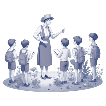 A vintage teacher, dressed in period-appropriate attire, stands in front of a group of eager students. The teacher is pointing to a variety of plants, illustrating their unique characteristics. The students, a diverse group of boys and girls, observe closely, some taking notes while others are captivated by the surroundings. Surrounding them are different types of foliage, with some wildflowers in bloom, and small animals such as insects or birds can be seen nearby, creating an engaging environment for the nature walk. The scene conveys a sense of discovery and learning in the great outdoors.