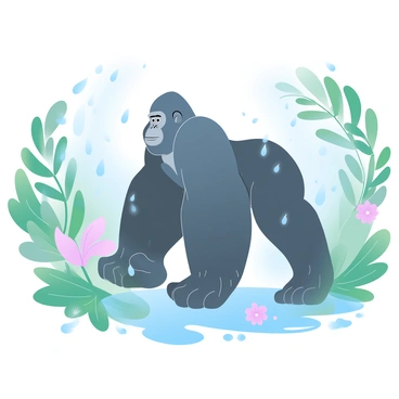 A gorilla is walking through a dense jungle with lush green foliage surrounding it. The scene is depicted in gentle rain, with numerous raindrops glistening as they fall from the leaves above. The gorilla has a strong, muscular build and is moving gracefully over the rich, damp ground. Small puddles have formed around its feet, reflecting the vibrant green of the jungle. Nearby, several tropical plants and flowers add splashes of color to the scene, enhancing the vibrant atmosphere of the jungle.
