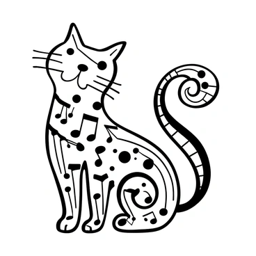 A tattoo design featuring a detailed cat formed from swirling music notes. The body of the cat is intricately made up of various sizes of music notes, organized in a flowing pattern. The tail of the cat is shaped like a treble clef, curling elegantly. The entire design is presented against a simple background to highlight the intricate details of the music notes and the treble clef tail.