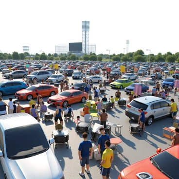 A busy parking lot filled with a variety of cars, including sedans, SUVs, and trucks. Many of the vehicles have colorful banners and flags representing different soccer teams. Groups of fans with painted faces and team jerseys are gathered around their cars, setting up tailgating stations with folding tables and chairs. Some fans are grilling food on portable barbecues, while others are playing games like cornhole. The atmosphere is lively, with a mix of laughter and excited chatter as the fans prepare for the upcoming soccer game. In the background, the tall structure of the soccer stadium looms, with bright lights and a large scoreboard visible.