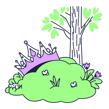 A tiara is resting delicately on a bed of moss. The tiara features intricate designs with embellishments. Surrounding the moss, various types of leaves and small twigs create a natural frame. In the background, tall trees with textured bark emerge, their branches extending overhead. Soft light filters through the leaves, casting gentle shadows on the ground. Small flowers are interspersed among the moss, adding to the lushness of the scene.