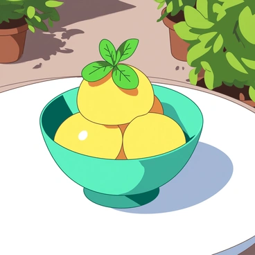 A teal bowl filled with vibrant yuzu sorbet is placed on a white table. The sorbet is garnished with several fresh green mint leaves resting on top. Soft sunlight casts gentle shadows across the table surface, highlighting the texture of the sorbet. In the background, a few blurred plants are visible, suggesting a sunny patio atmosphere.