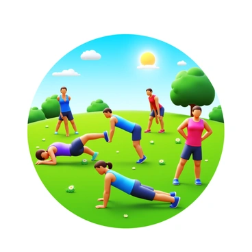 A group of five people engaged in a bootcamp workout in an open field. Each person is wearing colorful athletic wear, with a mix of tank tops and shorts. They are performing various exercises, such as push-ups, jumping jacks, and squats. The field is lush and green, with patches of wildflowers scattered throughout. In the background, there are a few trees providing some shade. The sky is clear with a few clouds, and the sun is shining brightly, enhancing the vibrant colors of the scene.