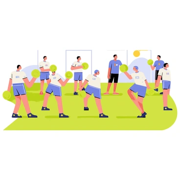 A sports team practicing on a grassy field, performing dumbbell flies. The athletes, dressed in matching blue and white uniforms, are spaced evenly apart, each holding a bright green dumbbell in both hands. The sun is shining down, casting soft shadows on the ground. In the background, there are goalposts and a clear blue sky. A coach stands nearby, observing and encouraging the team with a whistle in hand. Each athlete is focused and determined as they execute the exercise, highlighting their dedication to fitness.